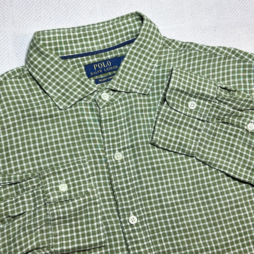 Polo Ralph Lauren Button Down Shirt Mens Large Resort Linen Green Check Plaid